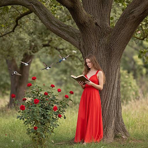 Photograph of a young woman with long brown hair, wearing a red dress, standing by a tree, reading a book, surrounded by red roses and