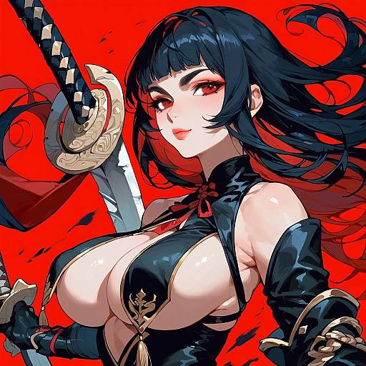 Anime Warrior Woman with Sword and Red Background