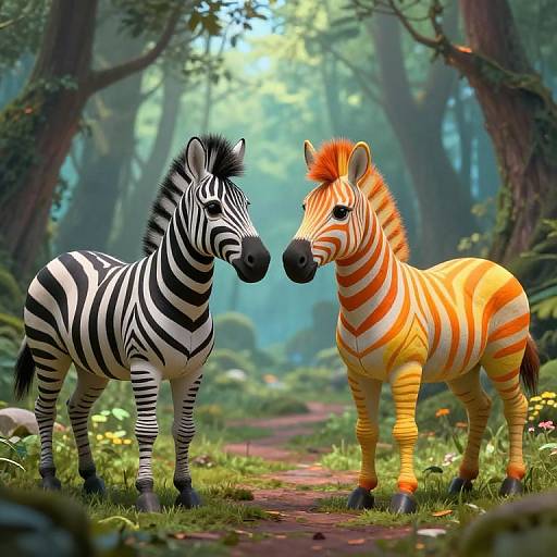 Photograph-like CGI of two zebras, one with black-and-white stripes, the other with orange-and-white stripes, standing on a forest path.