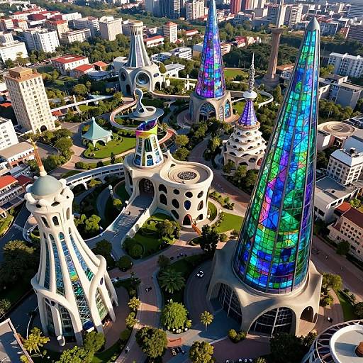 Aerial photograph of a vibrant, modern cityscape featuring three colorful, stained-glass spires with white, organic architecture surrounded by lush greenery and