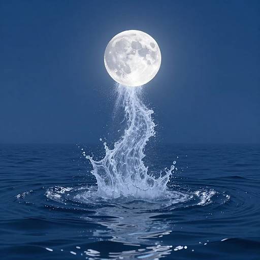 Photograph of a bright full moon rising from the blue ocean, splashing water upwards in a dramatic, illuminated burst.