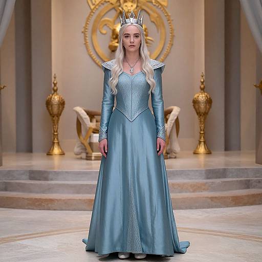 Photograph of a fair-skinned woman with long blonde hair, wearing a silver crown, blue satin gown with long sleeves, standing in an ornate