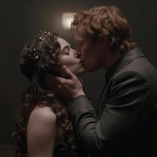 Shadowed Lovers: Passionate Kiss with Headpiece
