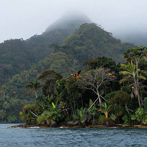 Foggy Tropical Island with Birds