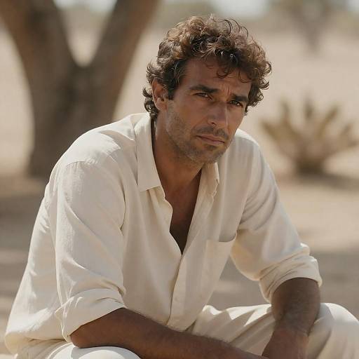 Serious man sitting outdoors in cream shirt