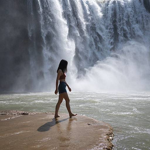 Photograph of a young girl with long black hair, wearing a red bikini top and denim shorts, walking on a sandy shore with a powerful waterfall casc