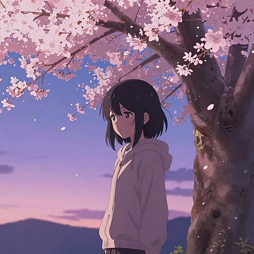 Sad Anime Girl Under Cherry Blossoms