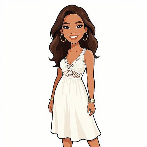 Digital cartoon of a smiling, dark-skinned woman with long brown hair, wearing a white lace-trimmed dress, hoop earrings, and bracelets,