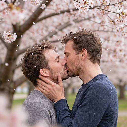 Photograph of two bearded men kissing under blooming cherry blossoms; one in gray, the other in blue, with soft-focus petals.