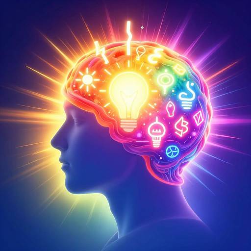 Digital artwork of a neon-lit human head profile, featuring colorful, glowing icons (lightbulb, money, thumbs up, etc.) against a