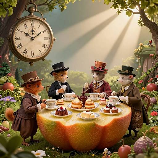 Photorealistic digital illustration of three anthropomorphic foxes in Victorian attire, sipping tea and eating cake around a sunlit table in a whimsical