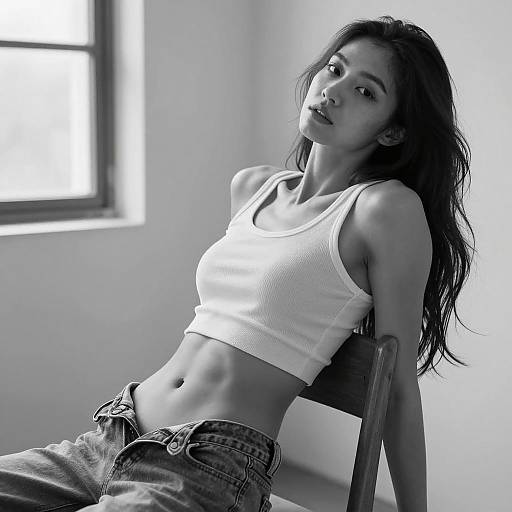 Black and White Portrait of Slim Woman in Tank Top