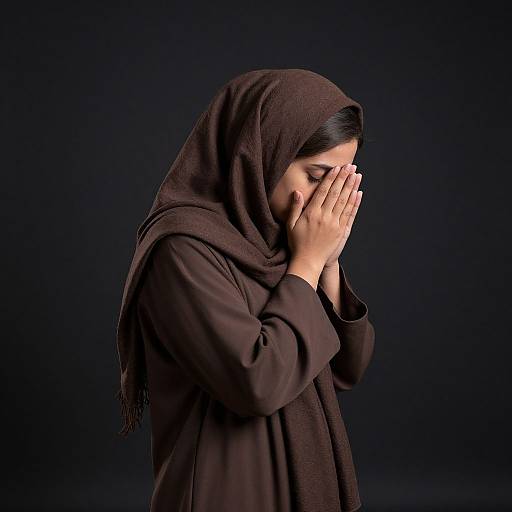 Photograph of a woman with dark skin, wearing a brown hijab and long-sleeve top, hands covering her face, standing against a solid