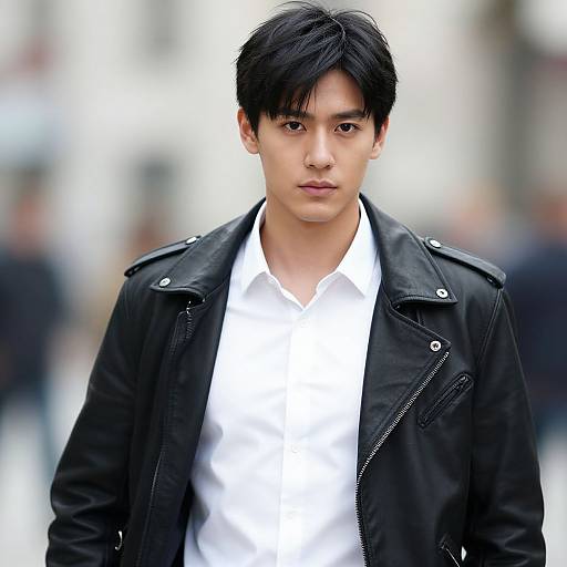 Photograph of a young Asian man with straight black hair, wearing a black leather jacket over a white dress shirt, standing in a blurred urban background.