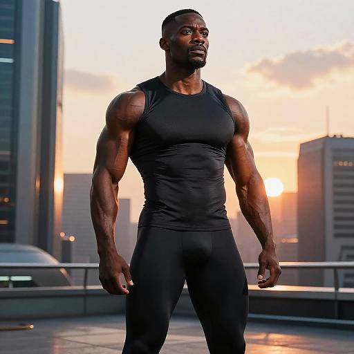 Photograph of a muscular Black man with short hair, wearing a black sleeveless shirt and pants, standing on a rooftop at sunset, city skyline in