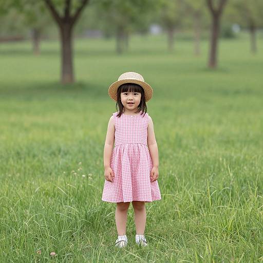 Photograph of a young Asian girl in a red-and-white checkered dress, straw hat, and white shoes, standing in a lush green park with
