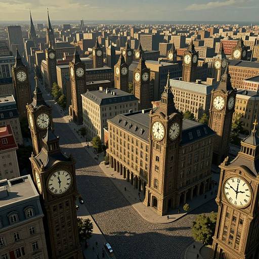 Aerial photograph of a city with numerous tall, clock-towered buildings, casting long shadows, surrounded by a dense urban landscape.