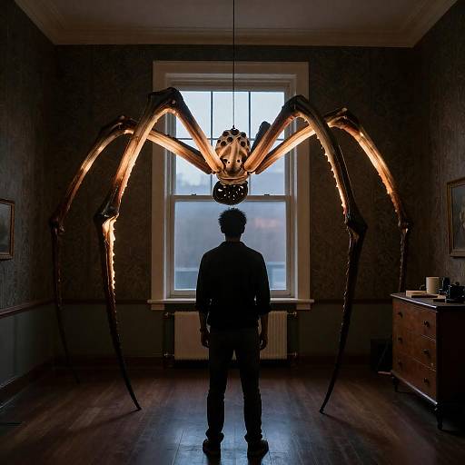 Man Facing Glowing Spider-Limbed Sculpture