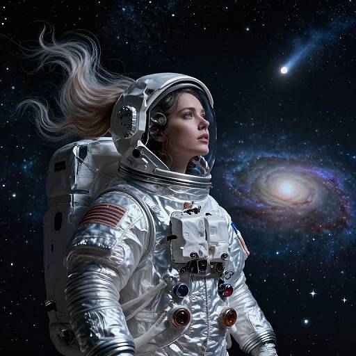Photorealistic digital artwork of a woman in a shiny silver spacesuit with flowing hair, floating in space near a glowing spiral galaxy.