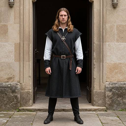 Photograph of a tall, long-haired man in medieval attire standing in a stone doorway, wearing a black tunic, white shirt, belt, and