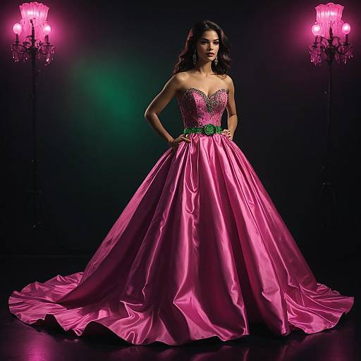 Woman in Neon Pink Taffeta Gown with Green Beaded Belt