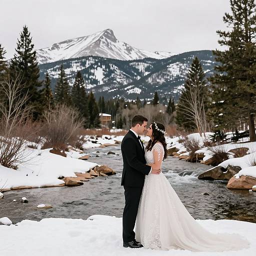 Photograph of a dark-suited groom and white-gowned bride kissing in a snowy, mountainous forest, standing by a flowing river.