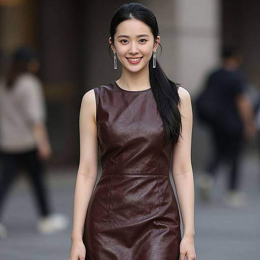 Photograph of a smiling Asian woman with long black hair in a sleeveless brown leather dress, wearing dangling earrings, standing on a city street with blurred