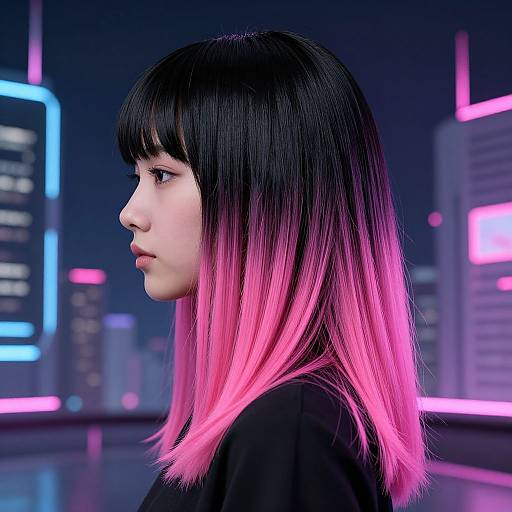 CGI image of a young woman with black and pink gradient hair, black bangs, and black top, profile view, neon cityscape background.