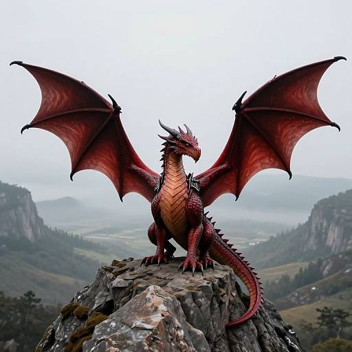 Photograph of a majestic red dragon with large wings standing on a rocky peak, overlooking a misty, mountainous landscape.
