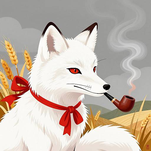 White Fox with Red Ribbon Smoking Pipe Illustration