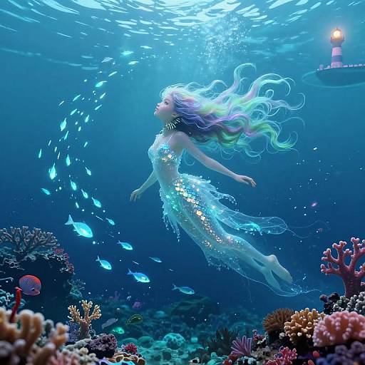 Underwater photograph of a mermaid with flowing, iridescent hair, wearing a shimmering, translucent dress, surrounded by glowing blue fish, and