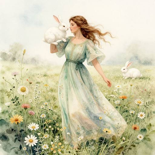 Digital painting of a brunette woman in a flowing green dress, holding a white rabbit, standing in a sunlit meadow of daisies.