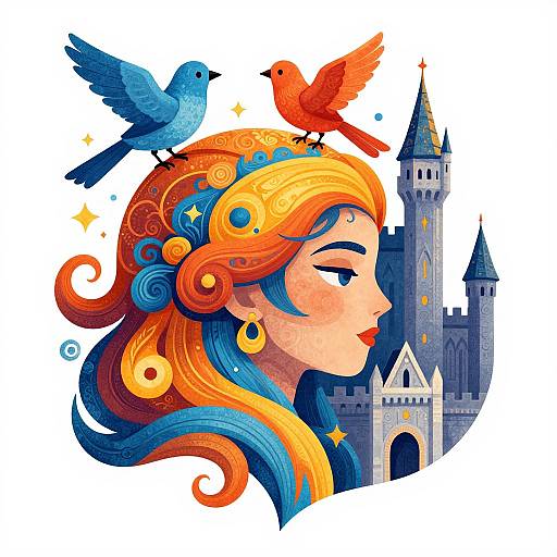 Vibrant digital illustration of a fair-skinned woman with orange-blue hair, adorned with birds, facing a colorful castle. Bold colors, whimsical