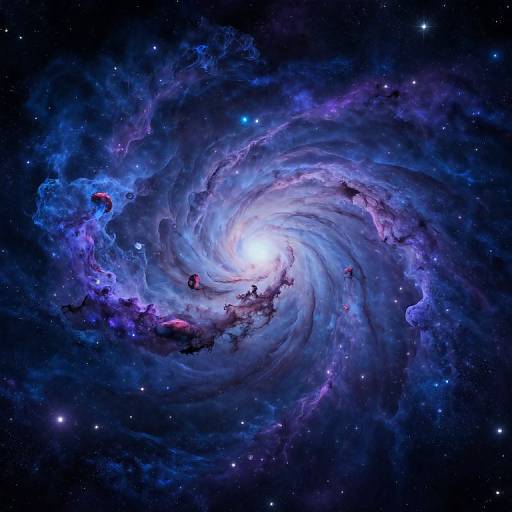 Photorealistic digital image of a vibrant, swirling galaxy with a bright central core, surrounded by ethereal blue and purple nebulae against a star