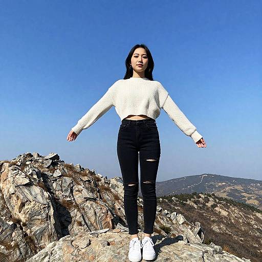 Photograph of a young woman with long black hair, wearing a white sweater, black ripped jeans, and white sneakers, standing confidently on rocky terrain under