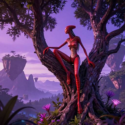 Digital artwork of a red, alien-like humanoid with elongated limbs and head, sitting on a twisted tree, in a vibrant, purple-hued fantasy