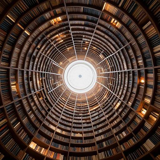 Photograph of a massive, circular library ceiling with rows of bookshelves radiating from a bright, central skylight, creating a sunburst