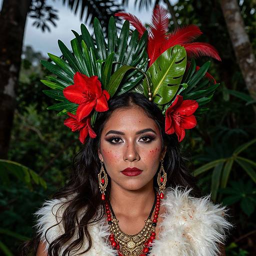 Photograph of a woman with dark hair, wearing a vibrant green and red feather headdress, red flowers, white fur, and gold jewelry, set