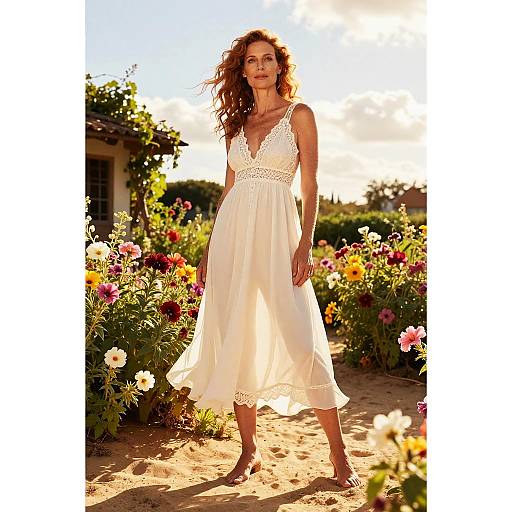 Photograph of a curly-haired woman in a white, lace-trimmed sundress standing in a sunlit, colorful flower garden with a house in