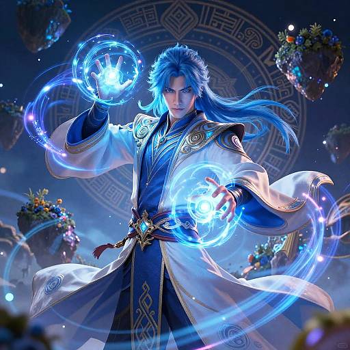 Digital art of a blue-haired mage in an ornate white and blue robe, conjuring glowing blue fireballs in a mystical, star-patterned sky