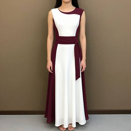 Photograph of an Asian woman with long black hair, wearing a sleeveless, white and maroon dress with a high waist, standing against a plain