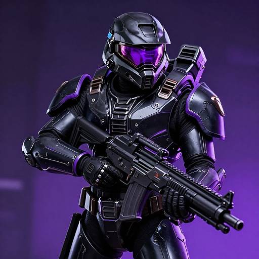 Digital CGI of a futuristic, black-armored soldier with purple visor, holding a black assault rifle, illuminated by purple light.