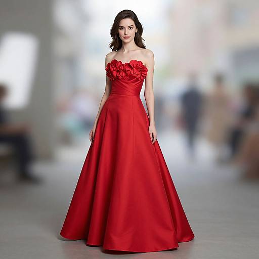 Photograph of a woman with fair skin and dark hair, wearing a strapless, red, satin gown with ruffled bodice, standing on a