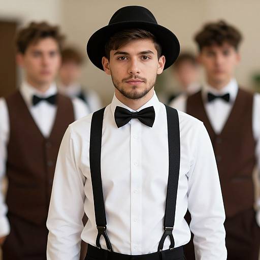 Photograph of a young man with light skin, dark hair, and beard, wearing a black bowler hat, white shirt, black bow tie,