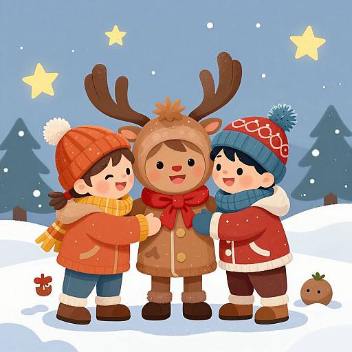 Cute digital illustration of three children in winter clothes, hugging a reindeer-costumed child under a starry snowy night sky.