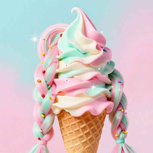 Digital illustration of a pastel-colored ice cream cone with pink and blue swirled soft serve, braided with multicolored beads, set against