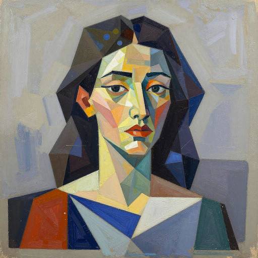 Geometric, cubist-style portrait of a woman with dark hair, using bold, colorful triangles and polygons on a textured, light gray background.