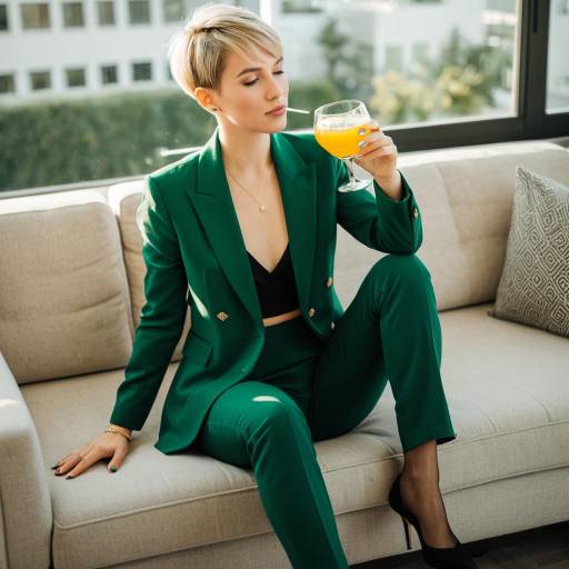 Elegant woman in green suit with cocktail