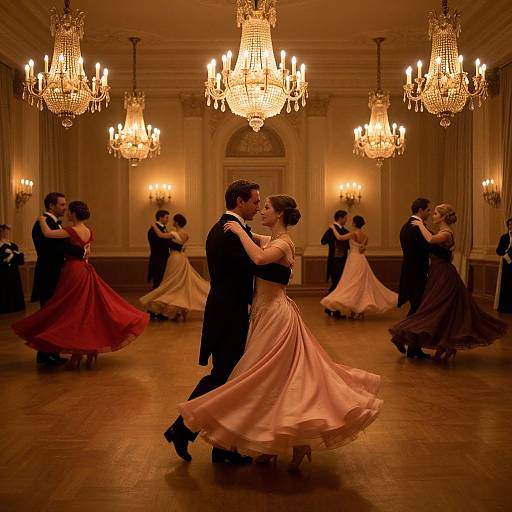 Photograph of elegant ballroom dance with chandeliers, couples in formal attire, including a woman in a pink satin dress and a man in a