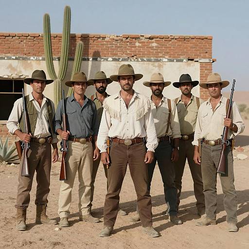 Seven Men in Western Attire Outdoors